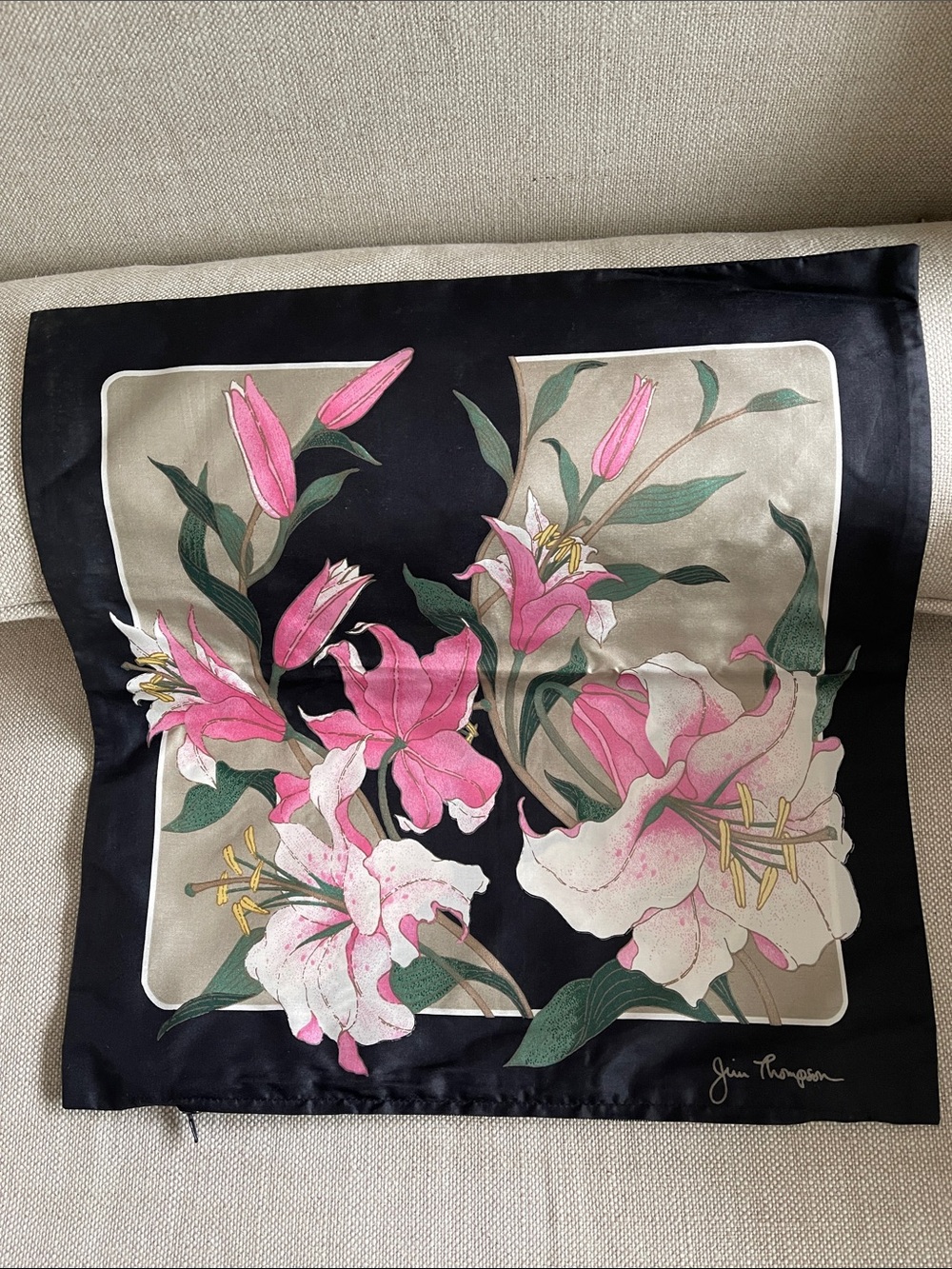 Jim Thompson SILK Floral Lily Accent Pillow Cover with Black Border